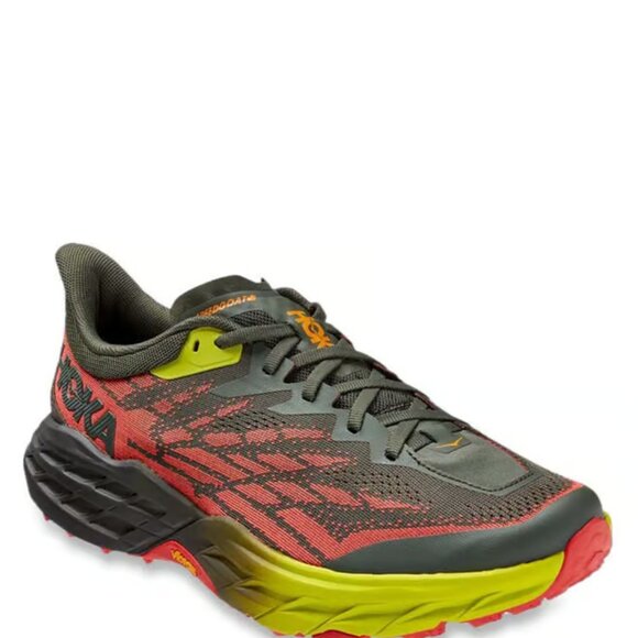 Hoka One One Men\'s Olive Dark Red Speedgoat 5 Mesh‎ Athletic Running Shoes 10 2E